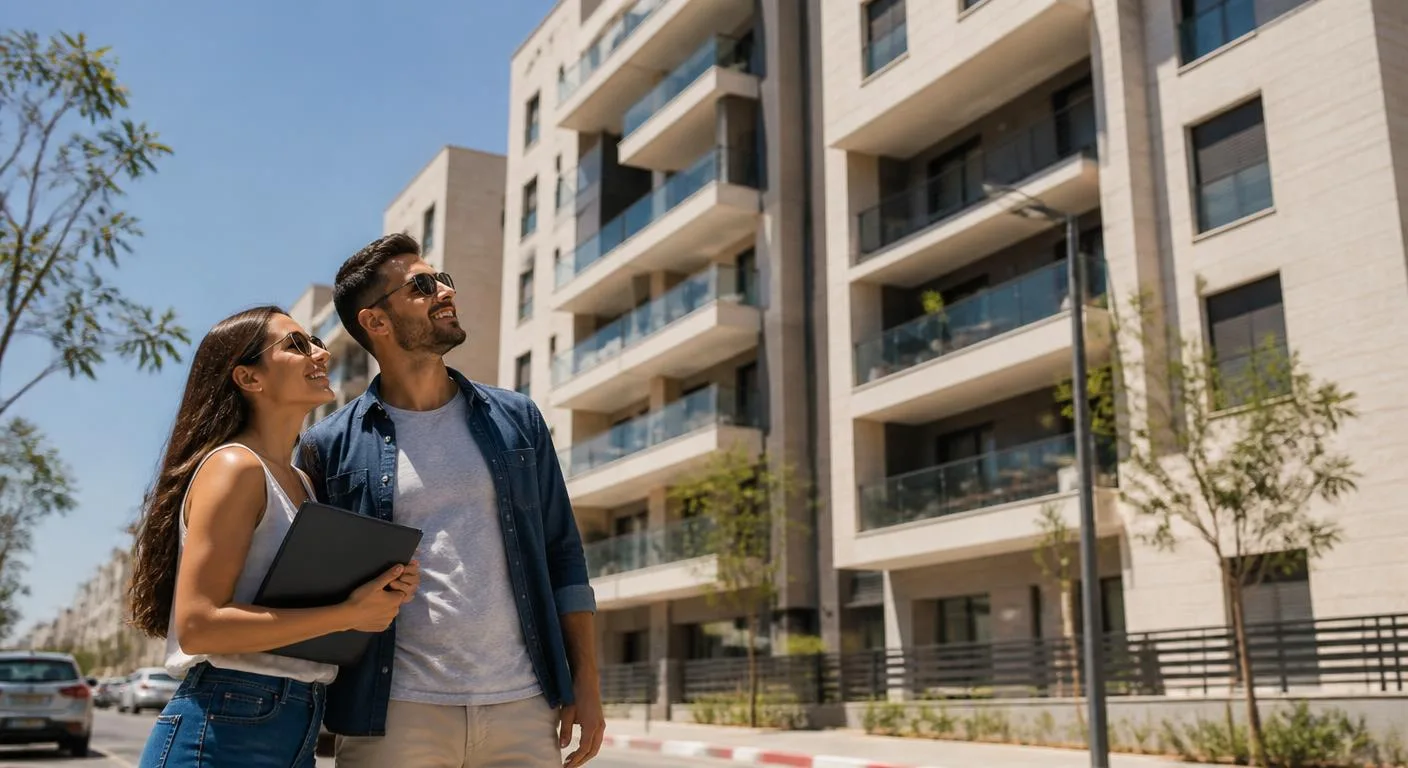 זוג בוחן בניין חדש שנבנה במסגרת התחדשות עירונית