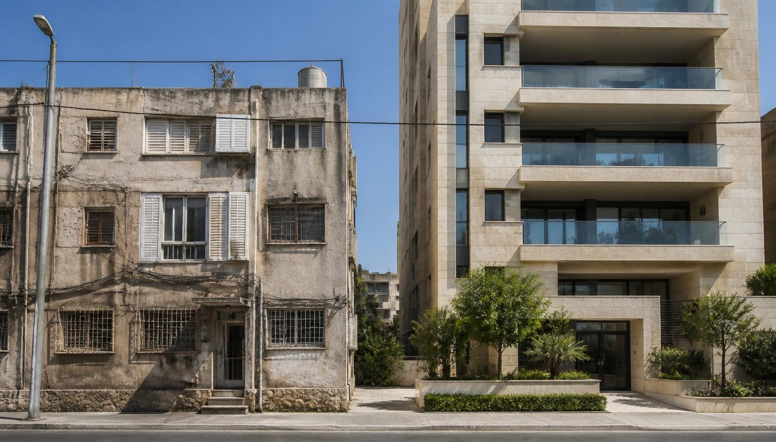 השוואה בין בניין מגורים ותיק ומוזנח לבין מגדל מגורים חדש שנבנה באותו רחוב אחרי פינוי בינוי