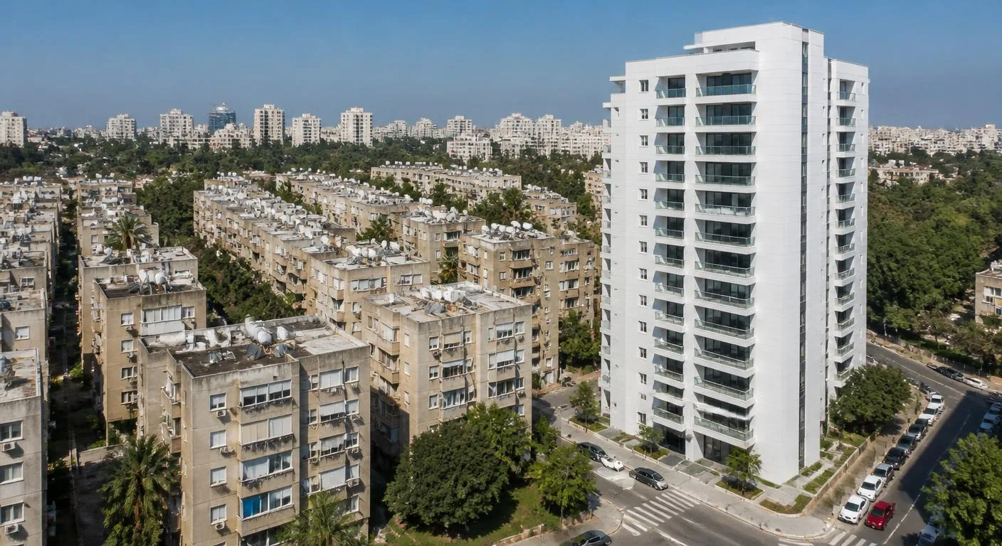 שכונת שיכונים ותיקה לצד מגדל מגורים חדש