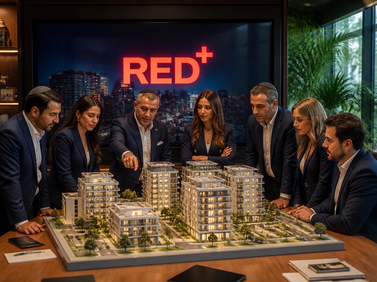 צוות רד פלוס סביב דגם אדריכלי של פרויקט התחדשות עירונית