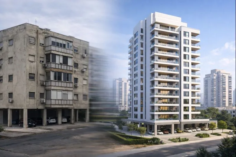 השוואת פינוי בינוי לפני ואחרי - בניין ישן מול בניין מגורים חדש ומודרני של חברת Red Plus.